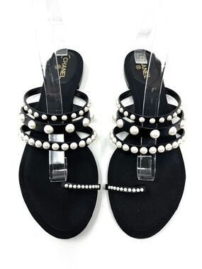 Chanel CC Logo Black Leather White Pearl Pearls Flat Strappy Sandals Slides 39.5